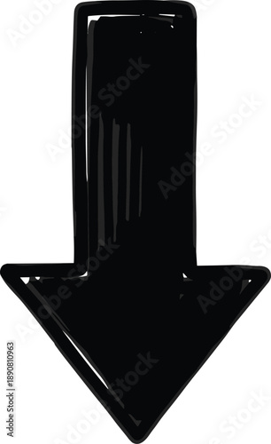 Vector illustration of bold black downward arrow with thick outline and glossy finish on white background