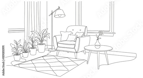 Cozy living room sketch with armchair and plants.