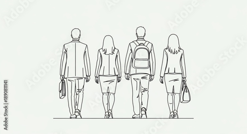 Four people standing together viewed from behind in a line.