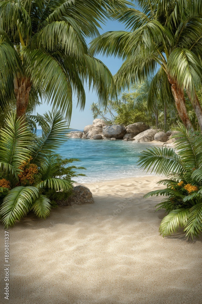 Fototapeta premium Inviting sandy pathway framed by lush palms and turquoise water beyond, creating a dreamy tropical escape perfect for travel marketing, posters, or summer branding.
