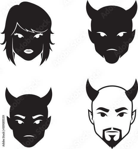 A collection of four distinct monochrome face masks depicting various personas and symbolic expressions