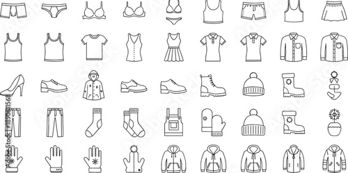 Fashion and apparel line icon set with clothing, footwear, and winter accessories for e-commerce and retail branding vector