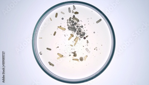 Close Up View of Microscopic Crystals and Debris in a Glass Petri Dish with a White Background in Laboratory Settings