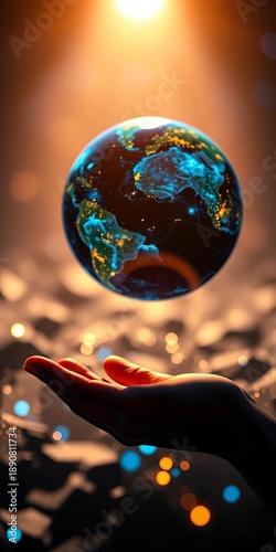 Human touch meets AI's future, a blue-lit Earth connecting worlds,  cityscape,  collaboration