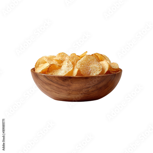 Potato chips in wooden bowl crispy salted snack food studio shot top view isolated on white background