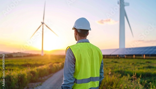 Engineer in Yellow Vest Observing Wind Turbines and Solar Panels at Sunset