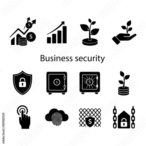 Business security icons depicting growth, safety, and digital protection