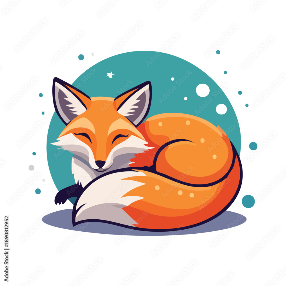 Fototapeta premium A serene illustration of a sleeping fox curled up, surrounded by a calming blue circle and stars, in a peaceful environment from a front viewpoint as seen in C121.eps