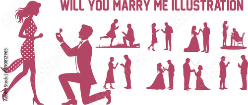 A collection of pink silhouettes illustrating different stages of a romantic relationship and marriage proposal