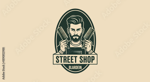 Barber shop logo with stylish man holding clippers and comb.