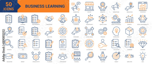 Business Learning colored line icon collection set. Containing marketing, outlet, benefits, innovation, statistics, test, quality, evidence, education, teamwork, opportunity, requirements icons