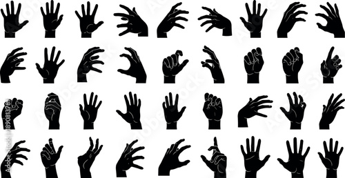 Large set of black vector hand silhouettes featuring various gestures, signals, and poses isolated on white background for graphic design.