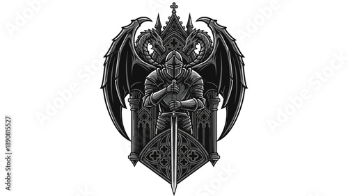 Knight with Dragon Wings on Gothic Throne: Fantasy Emblem