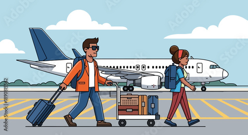 Travelers at Airport Terminal with Luggage Next to Airplane in Daylight