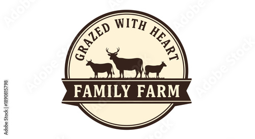 Family Farm Logo with Grazed with Heart Slogan and Silhouettes of Cattle and Deer.