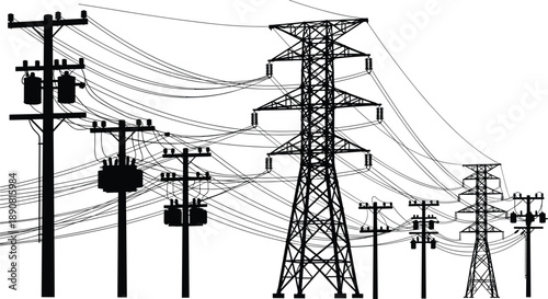 Electric power transmission network illustration, high voltage pylons utility poles cables, electricity distribution infrastructure, black and white energy vector