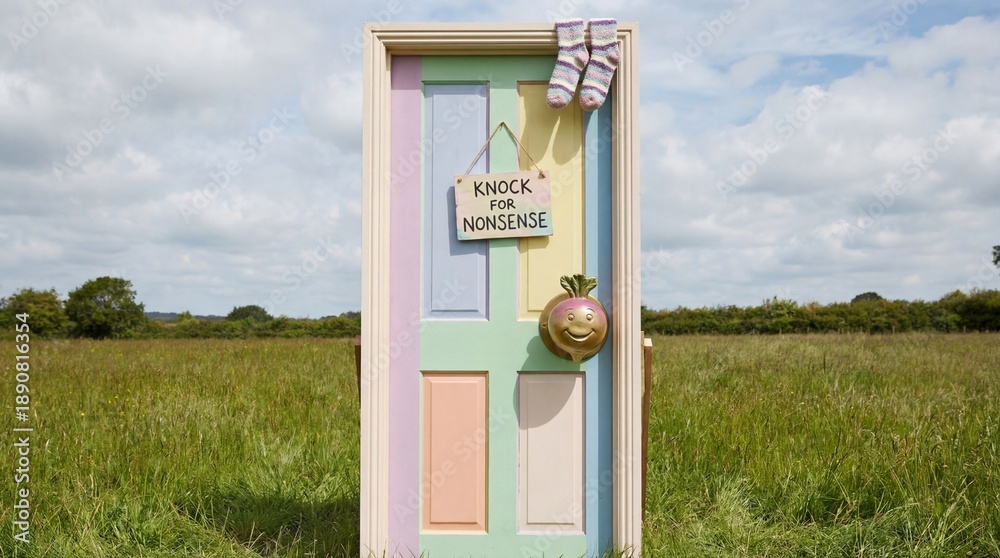 Fototapeta premium A colorful door standing in a lush green field under a cloudy sky