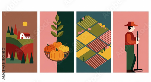 Autumn harvest and rural life illustrated in four panels showcasing pumpkins, fields, and a farmer tending to the land