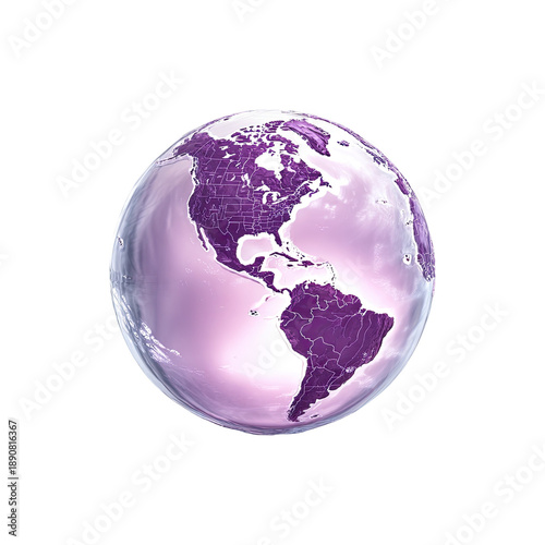 Transparent glass globe with purple world map showing Americas modern global sphere geographic illustration isolated on white background