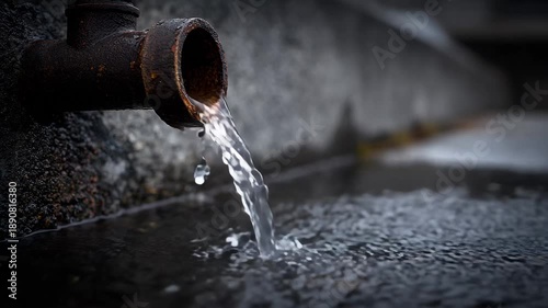Water flowing from a cast iron downspout, Water cascades from a cast iron downspout