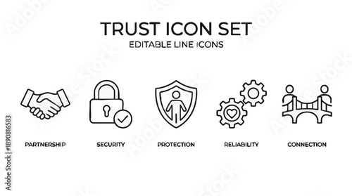 Trust icon set with editable line icons, partnership and security symbols, reliability and connection graphics for business, 5 eps elements