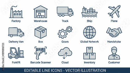 Editable line icons for business logistics and supply chain management