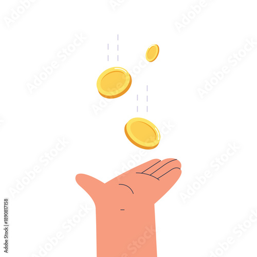 Hand catching falling gold coins representing financial growth and success vector illustration.