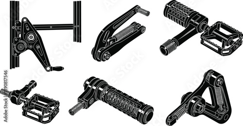 Mechanical bicycle pedal components illustration, crank arm platform pedals hardware parts, black and white engineering technical vector set collection design