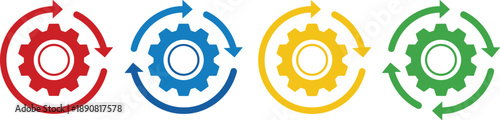 Vector illustration of four colorful gear icons enclosed in circular arrows representing rotation and process cycles