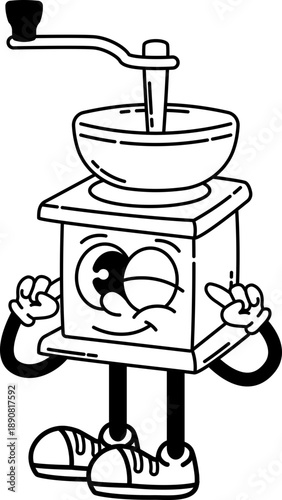 Funky coffee grinder character retro groovy cartoon