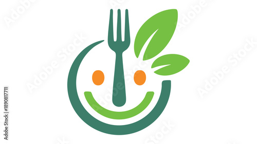 Happy fork with green leaves and oranges