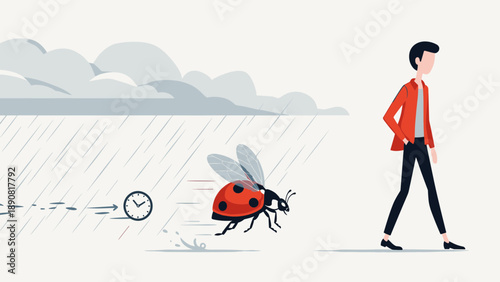 Man Walking With Ladybug In Rain Illustration