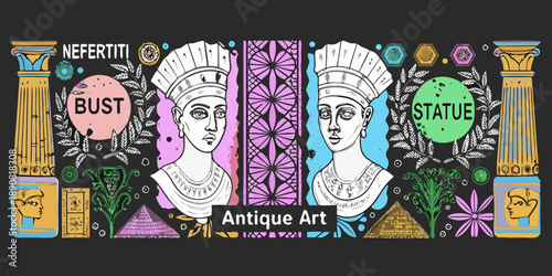 Ancient egyptian nefertiti bust and statue depicted in a colorful art style