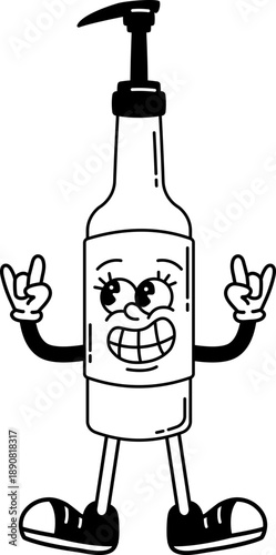 Funky syrup bottle pump character retro groovy cartoon