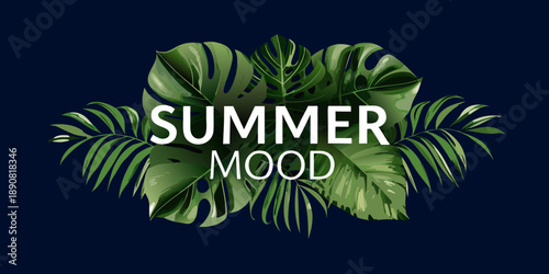 Tropical leaves and the word summer mood in a dark background