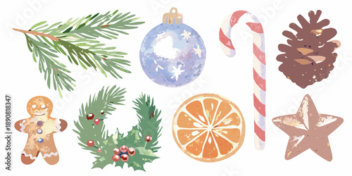 Watercolor christmas elements including pine branches ornaments and festive treats