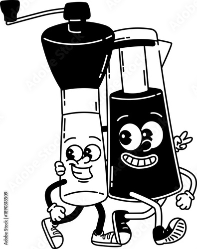 Coffee grinder hug cold brew maker character retro groovy cartoon
