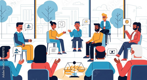 Diverse group of people in a meeting or discussion representing teamwork and communication flat vector illustration for business concepts