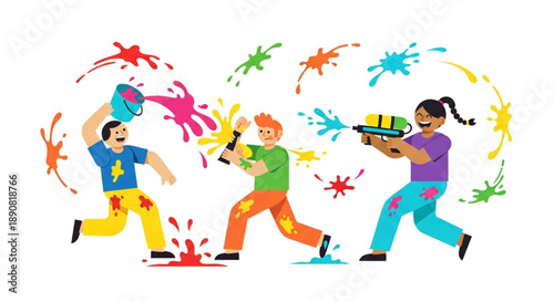 Children playing with water guns and paint buckets splashing colorful liquids in a fun outdoor activity representing summer joy and playful celebration