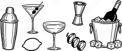 Hand drawn black and white cocktail shaker with two glasses lemon twist and bottle chilling in ice bucket vintage style barware set