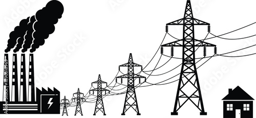 Electric power transmission illustration, factory energy production, high voltage pylons, power lines distribution, industrial electricity infrastructure, black and white vector