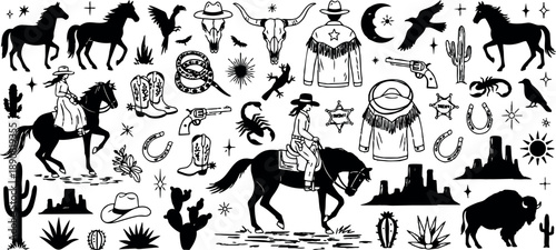 Tattoo flash western collage with cowgirl riding horse in profile surrounded by desert icons and vintage ink details monochrome sketch