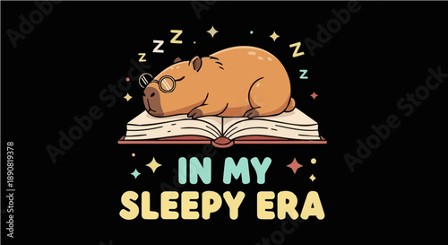 In My Sleepy Era - Cute Kawaii Capybara with Glasses Sleeping on Book Funny Quote Graphic Illustration