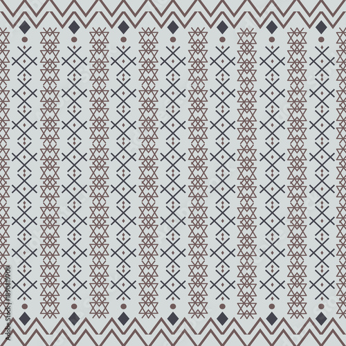 Ethnic Geometric Seamless Pattern inspired by Traditional textile weaving and folk motifs. Featuring repeating diamond, stripe, zigzag, and grid elements with handcrafted texture and earthy tones