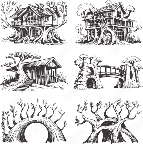 Black and hand drawn of whimsical treehouses and natural structures