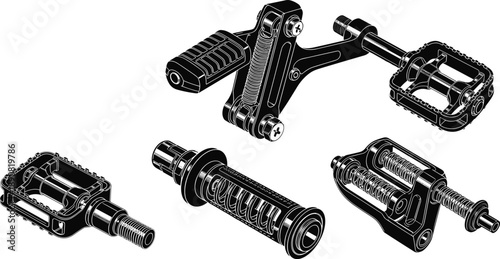 Bicycle pedal and footrest mechanical parts illustration with metal components, engineering details, cycling accessories, technical hardware design concept