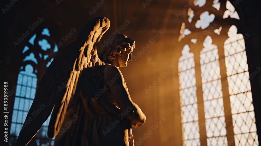 custom made wallpaper toronto digitalstatue angel. A majestic angel statue stands in soft golden light, illuminated by ornate stained glass windows, casting intricate patterns on the stone floor of a historic cathedral