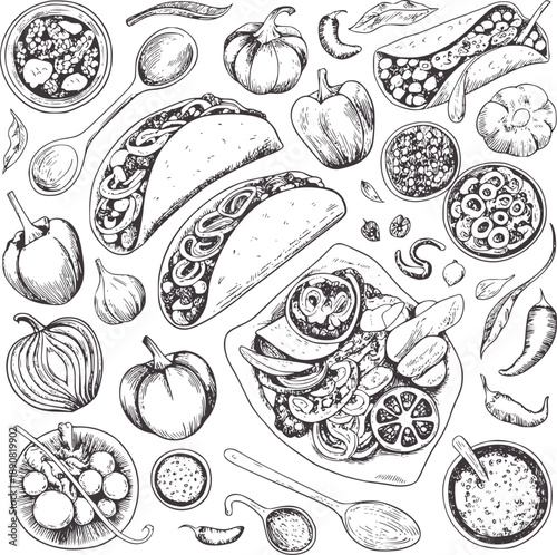 Black and line of Mexican food and ingredients taco