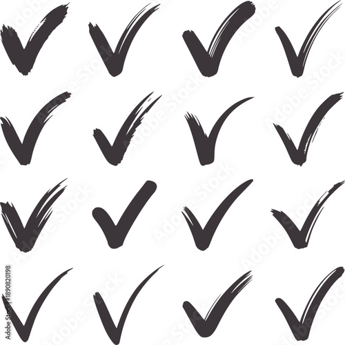 Collection of fourteen dark grey hand drawn check mark symbols tick