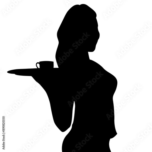 silhouette of a woman waitress bringing a coffee, with perfect body